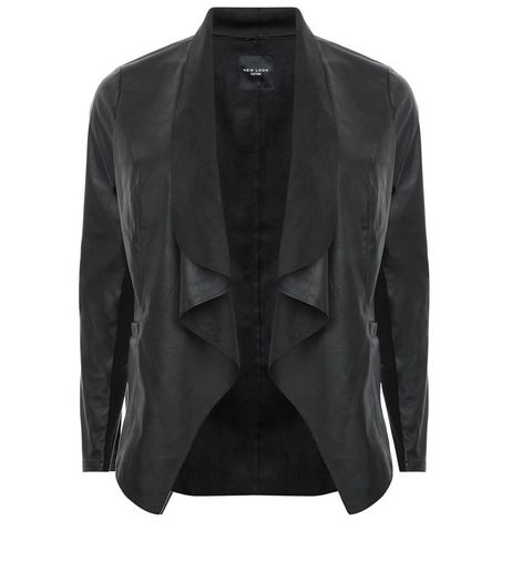 Curves Black Leather-Look Waterfall Jacket | New Look