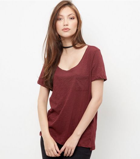 Burgundy Single Pocket Slub T-Shirt | New Look