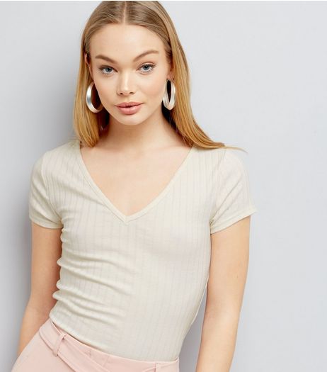 Cream V Neck Cap Sleeve T-Shirt | New Look