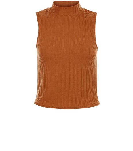 Rust Ribbed Sleeveless Turtle Neck Top | New Look