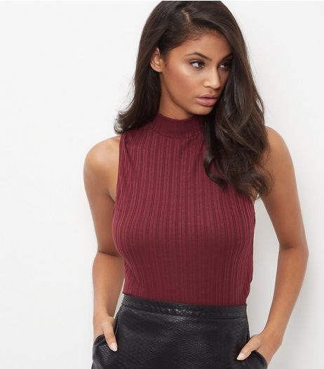 Burgundy Ribbed Sleeveless Turtle Neck Top | New Look