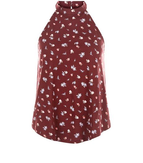 Burgundy Ditsy Floral Print High Neck Cami | New Look