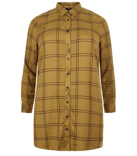 Curves Olive Grid Check Longline Shirt | New Look