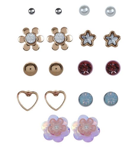 9 Pack Gold Flower Stud Earrings | New Look