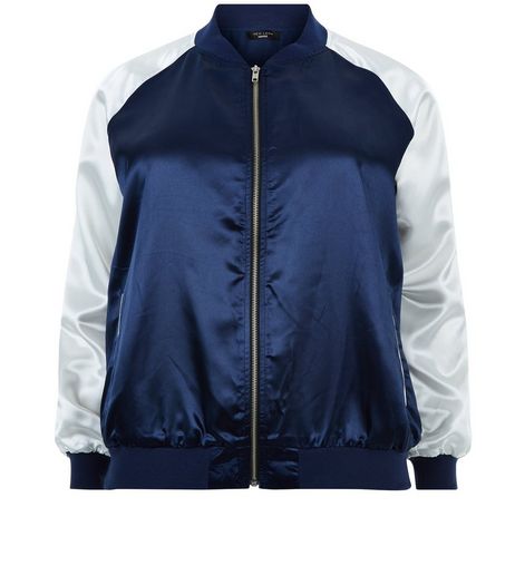 Curves Blue Colour Block Sateen Bomber Jacket | New Look