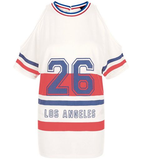 White 26 Stripe Cold Shoulder Baseball T-Shirt | New Look