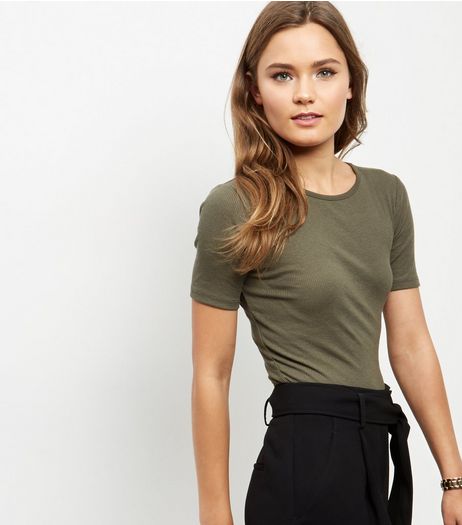 Olive Green Ribbed T-Shirt | New Look