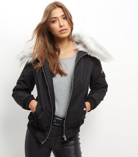 Black Faux Fur Collar Bomber Jacket | New Look