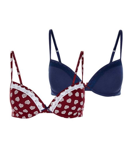 Teens 2 Pack Red and Navy Heart Print Underwired Bras | New Look