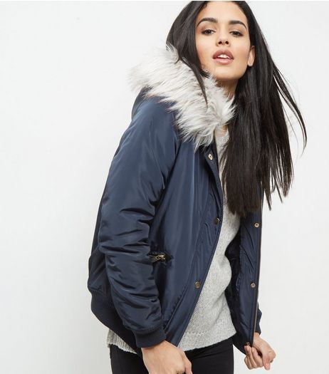 Navy Faux Fur Trim Hooded Bomber Jacker | New Look