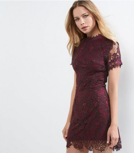 AX Paris Burgundy Lace Funnel Neck Dress | New Look