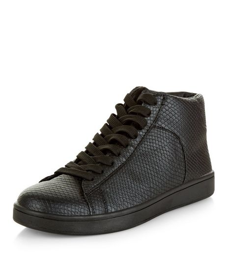 Black Leather-Look Hi-Top Plimsolls | New Look
