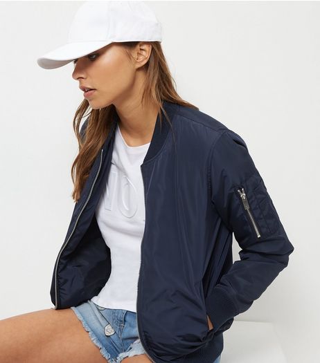 Navy Padded Bomber Jacket | New Look
