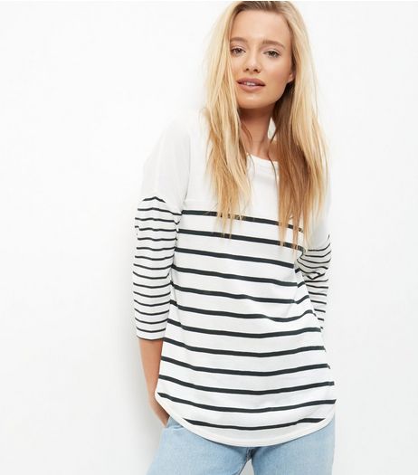White Stripe 3/4 Sleeve T-Shirt | New Look