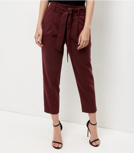 Burgundy Tie Waist Tapered Trousers | New Look