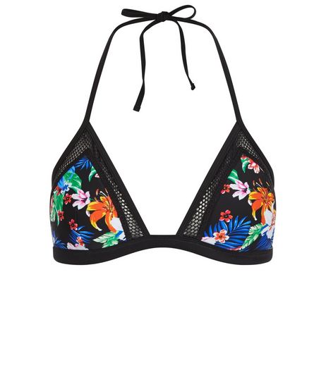 Black Tropical Print Mesh Panel Bikini Top | New Look