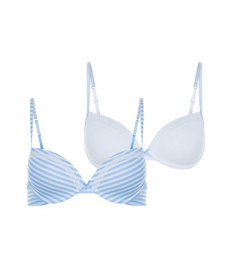 Teens 2 Pack White and Blue Stripe Underwired Bras | New Look