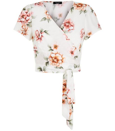 Petite White Floral Print Wrap Front Tie Side Crop Top | New Look