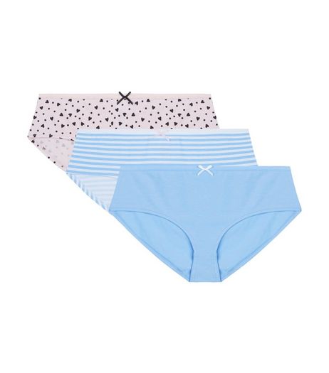 Teens 3 Pack Blue and Pink Stripe Heart Print Briefs | New Look