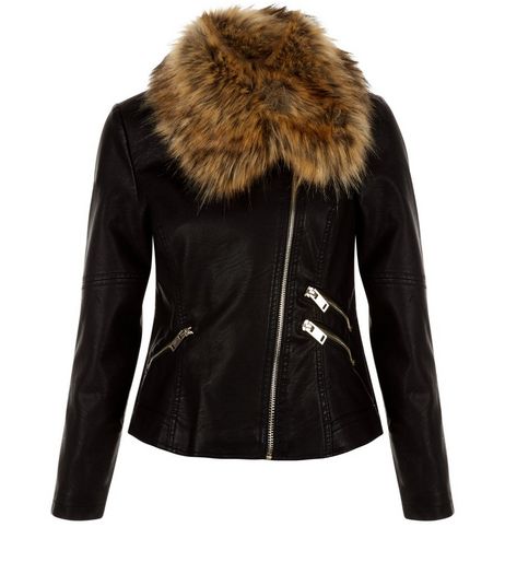 Petite Black Faux Fur Collar Biker Jacket | New Look