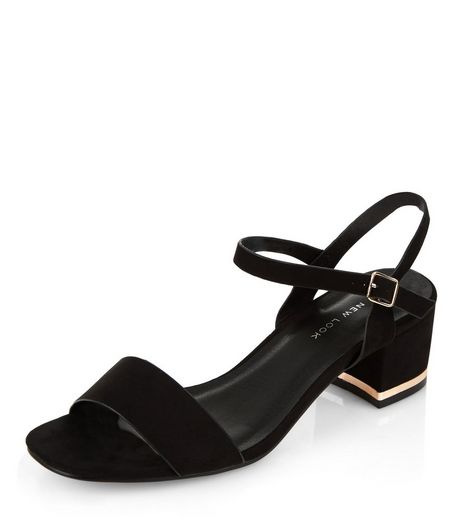 Wide Fit Black Suede Metal Trim Mid Block Heeled Sandals | New Look