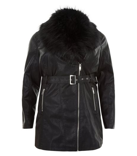 Curves Black Faux Fur Collar Longline Coat | New Look