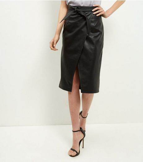 Black Leather-Look Tie Waist Wrap Front Midi Skirt | New Look