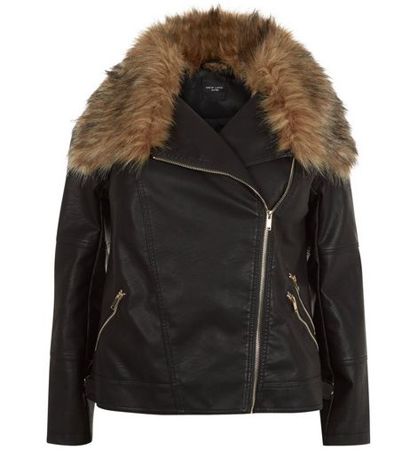 Curves Black Faux Fur Trim Leather-Look Jacket | New Look