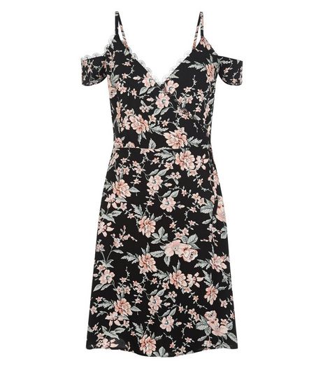 Black Floral Print Lace Trim Cold Shoulder Dress | New Look