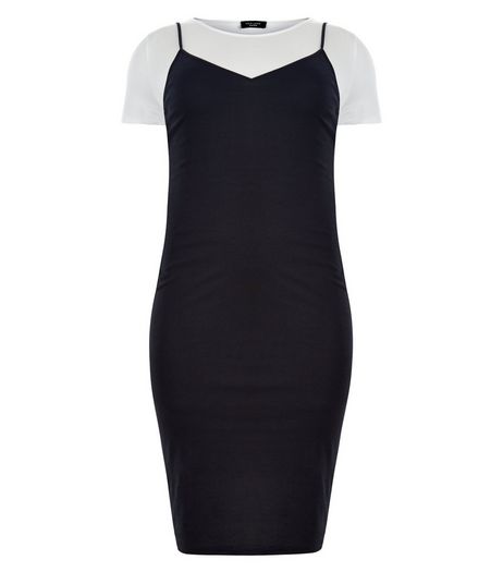 Curves Black Ribbed 2 in 1 Midi T-Shirt Dress | New Look