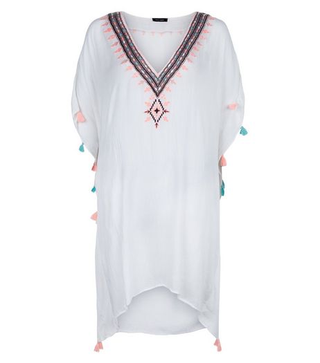White Embroidered Tassel Kaftan | New Look