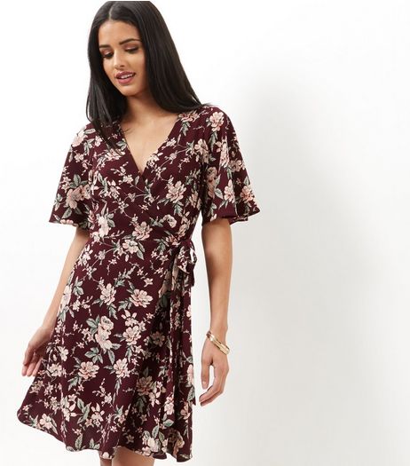 Red Floral Print Tie Wrap Front Dress | New Look