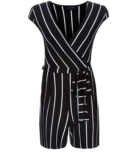 Black Stripe Cap Sleeve Tie Waist Playsuit | New Look