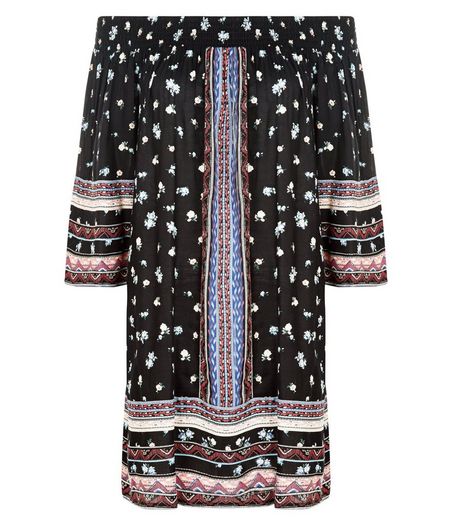 Black Ditsy Floral Embroidered Bardot Neck Tunic | New Look