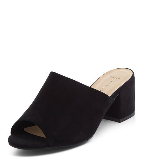 Wide Fit Black Peep Toe Block Heel Mules | New Look