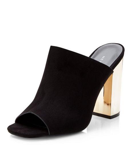 Black Suedette Peep Toe Metal Block Heel Mules | New Look