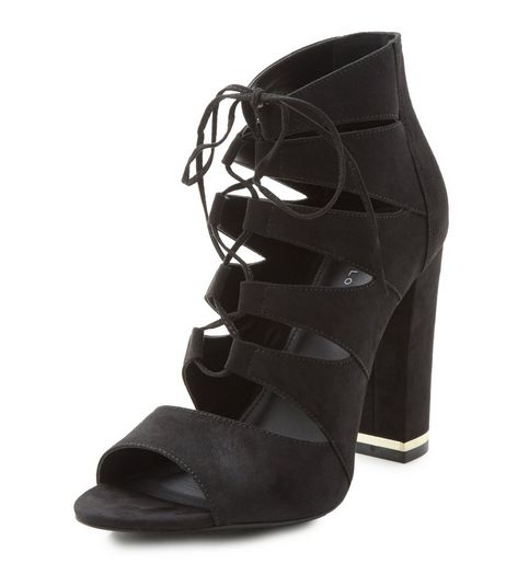 Black Suedette Ghillie Metal Trim Block Heels | New Look