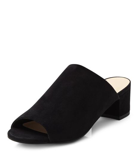 Black Suedette Peep Toe Mid Heel Mules | New Look