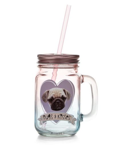 Pink Pugs and Kisses Glass Jar and Straw | New Look