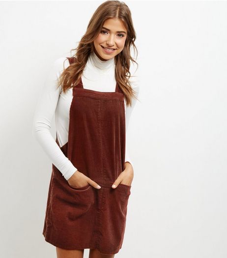 Brown Cord Dungaree Pinafore Dress | New Look