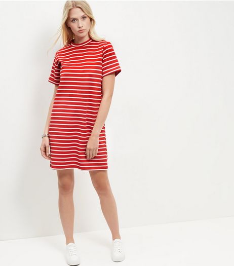 Red Stripe Roll Sleeve Tunic Dress | New Look
