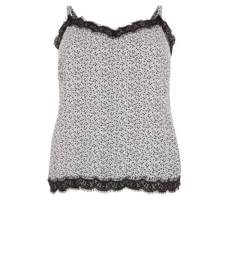 Curves White Ditsy Floral Lace Trim Cami | New Look