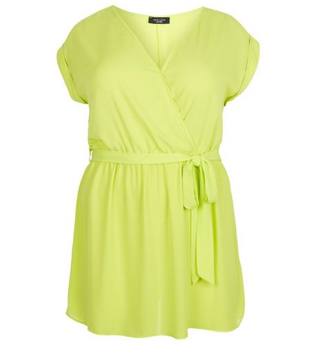 Curves Lime Wrap Front Tie Waist Tunic Top | New Look