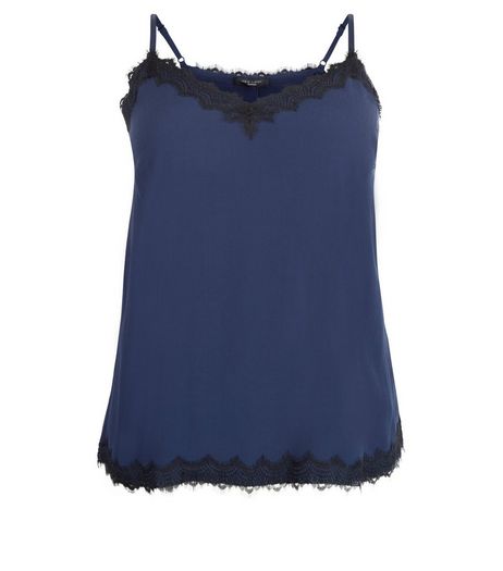 Curves Navy Lace Trim Cami | New Look