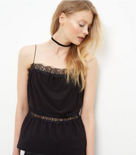 Black Lace Trim Peplum Cami | New Look