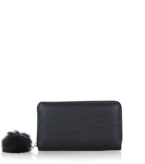 Black Pom Pom Zip Around Purse | New Look