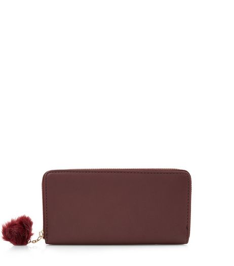 Dark Red Pom Pom Zip Around Purse | New Look