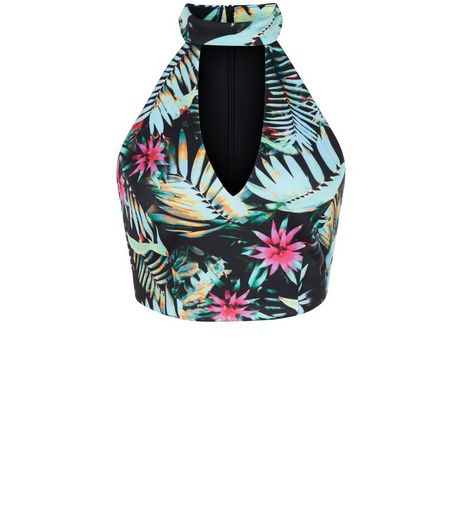 Black Tropical Floral Print Cut Out Funnel Neck Crop Top | New Look