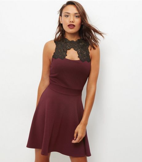 Burgundy Lace Panel Skater Dress | New Look
