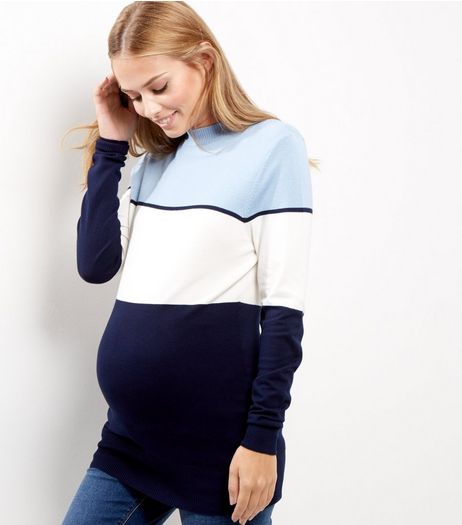 Maternity Blue Colour Block High Neck Jumper | New Look